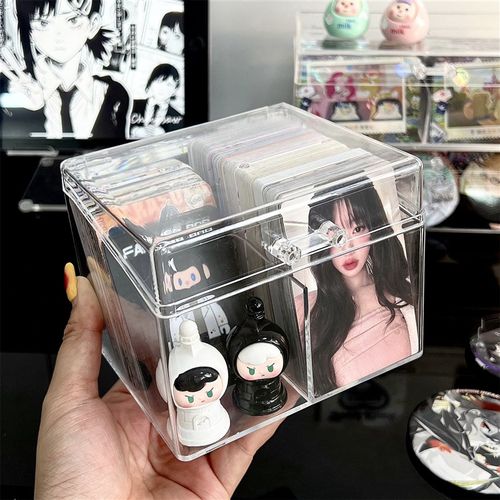 日式卡片收纳盒透明亚克力桌面明星小卡周边吧唧防尘翻盖整理盒子