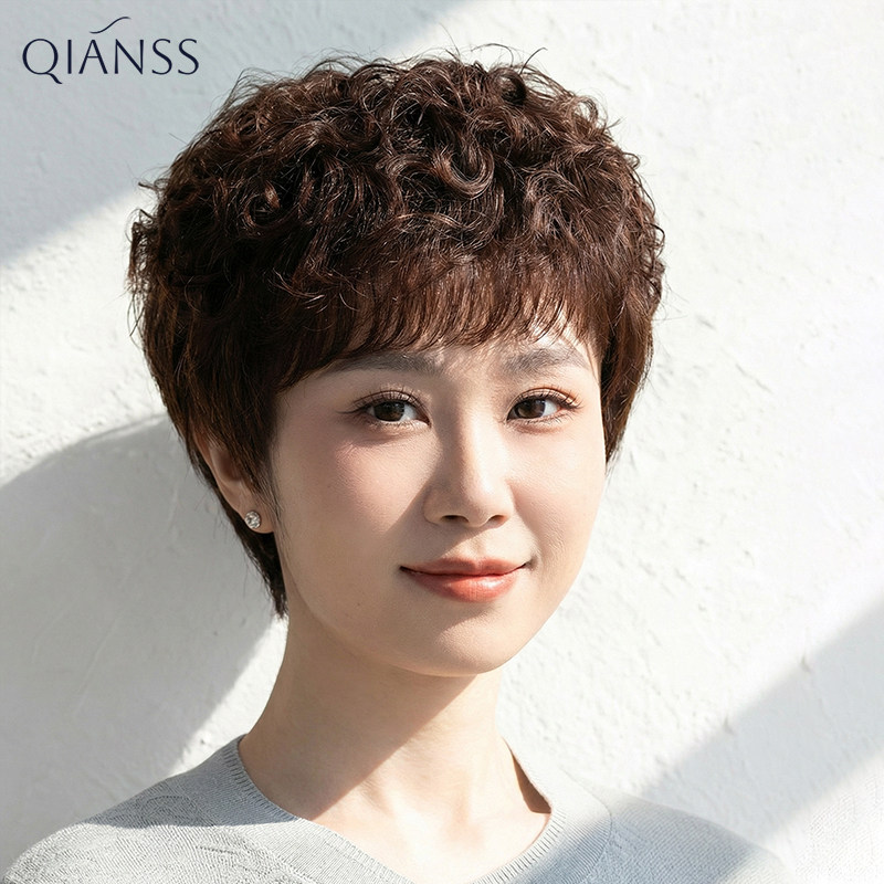 假发全头套女短卷发全真人发丝中老年女士妈妈款短发整顶自然发套图片