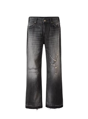 【官方正品】Juice WRLD 水洗黑破坏做旧复古猫须蜂窝直筒牛仔裤