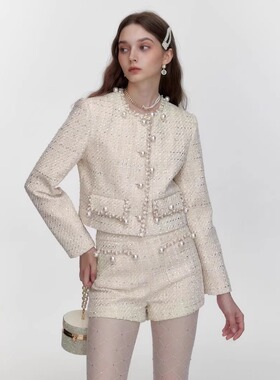 Three Quarters 黄色金银丝珍珠粗呢小香风外套女高端名媛千金感