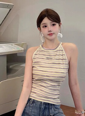 【官方正品】Three Quarters 圆领挂脖背心夏季条纹针织内搭女
