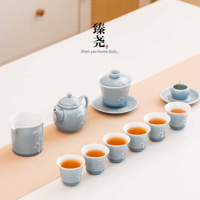 家用堆料天青丝瓜功夫茶具套组小清新陶瓷茶壶盖碗礼盒套装送礼