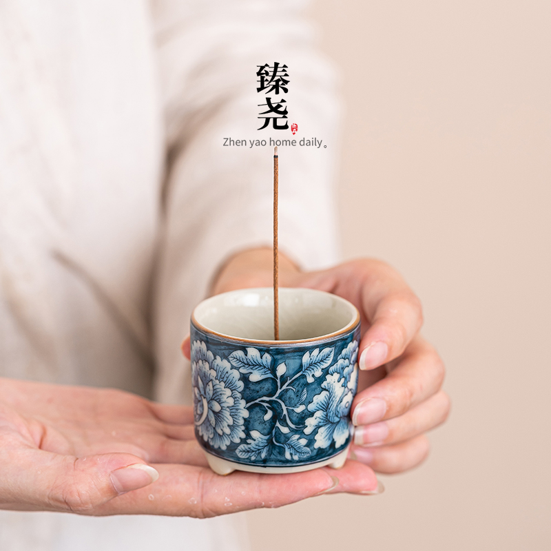 汝窑香炉茶桌饰品茶具配件香插繁花陶瓷线香炉室内禅意茶道香薰炉