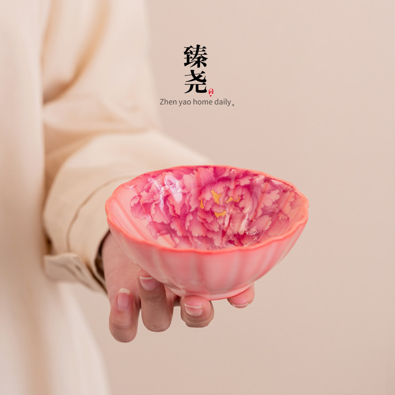 臻尧汝窑开片粉汝牡丹花家用茶室茶杯个人杯女士主人杯礼盒送礼图片