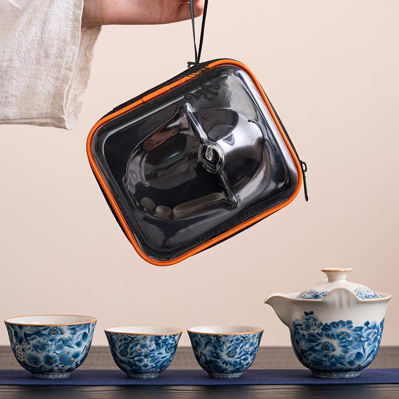 汝窑金万花快客杯功夫茶具陶瓷一壶三杯户外便携式收纳包旅行茶具