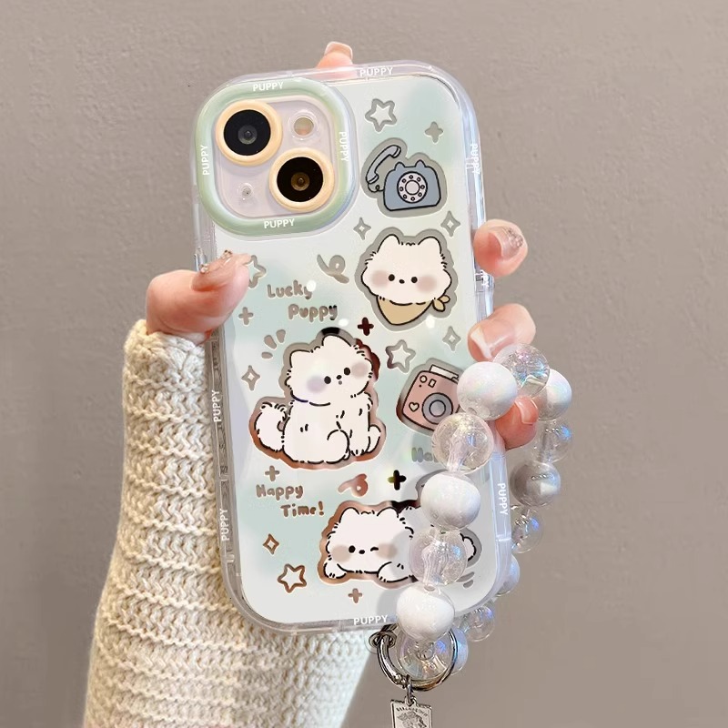 适用苹果13手机壳iPhone14小白狗15plus卡通16promax新款女13Pro全包防摔12挂绳手链11高级感8/7泡芙xs保护套