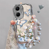 适用红米Turbo4Pro手机壳Turbo3鲜花蝴蝶radmi小米note14新款 女13Pro 高级感带手链12全包11防摔10电镀银软壳