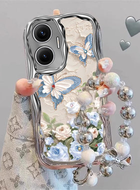 适用红米Turbo4Pro手机壳Turbo3鲜花蝴蝶radmi小米note14新款女13Pro+高级感带手链12全包11防摔10电镀银软壳