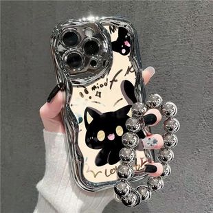 可爱黑猫适用iPhone16手机壳15Promax女新款14Pro高级感13带挂绳12电镀银11苹果x的xs全包8plus防摔7/6创意壳