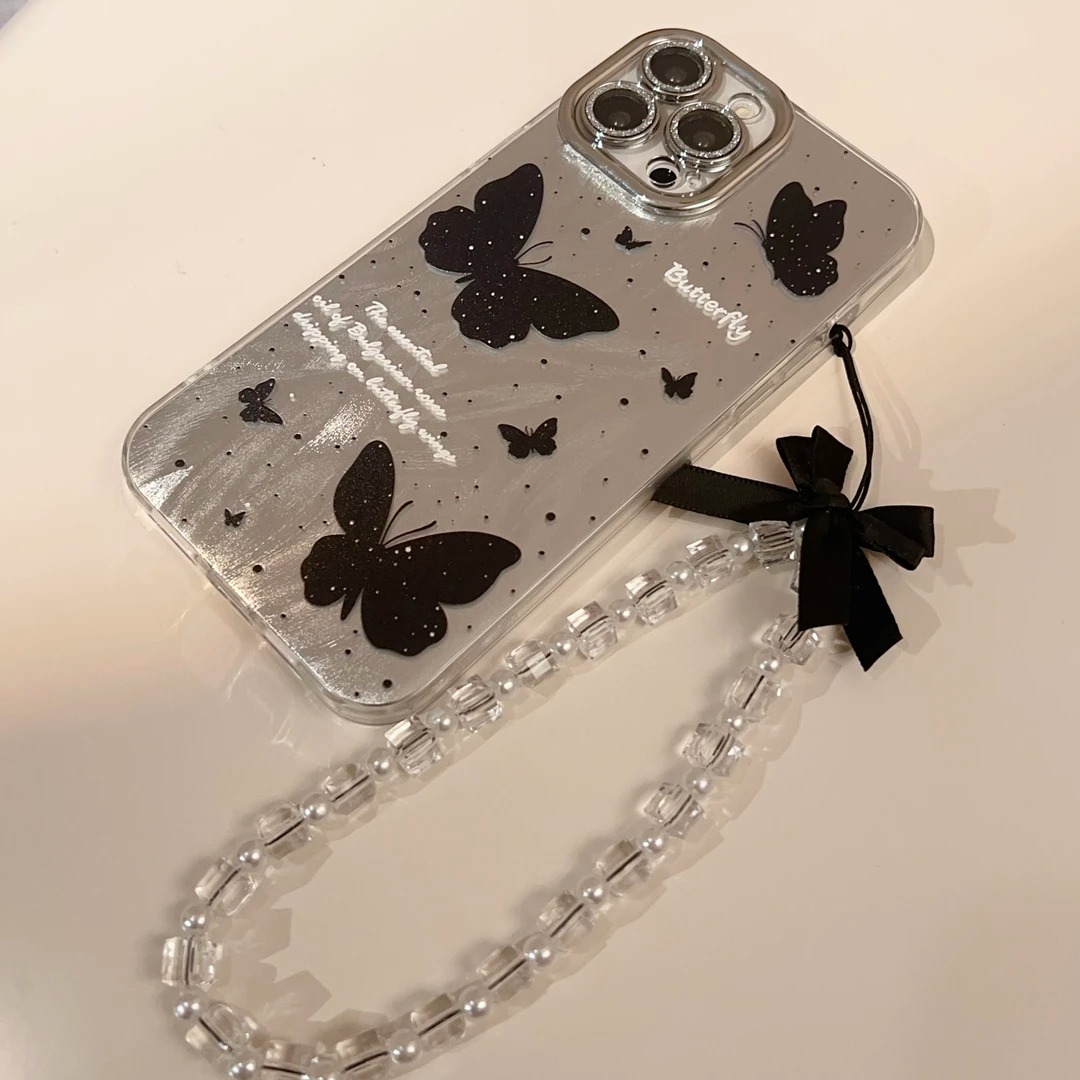 黑色蝴蝶iPhone16新款手机壳15Promax高级感苹果14镜头膜13挂绳12手链11超火Pro全包边8plus防摔7/6s苹果x套