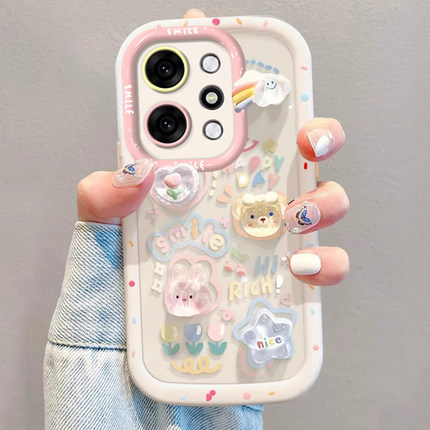 适用OPPOReno14手机保护壳Reno13立体兔子小熊12Pro全包防摔带挂绳11新女款10高级感reno9可爱卡通8/7透明泡