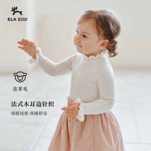 【新品】Elk Zoo女童毛衣秋冬季含羊毛针织上衣木耳边女宝宝内搭