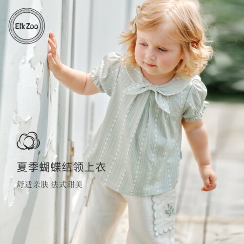 Elk Zoo儿童短袖T恤夏季女童蝴蝶结半袖甜美泡泡袖女宝宝纯棉上衣