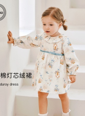 Elk Zoo女童连衣裙春秋季新款女宝宝礼服纯棉长袖外出公主裙子