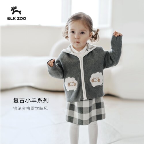 【新品】Elk Zoo女童针织衫半身裙两件套秋季连帽针织上衣针织裙