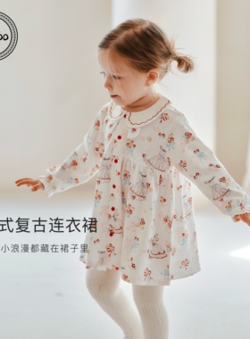 Elk Zoo女童碎花连衣裙法式复古风娃娃领长袖女宝宝洋气时髦裙子