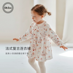 女宝宝洋气时髦裙子 复古风娃娃领长袖 Elk Zoo女童碎花连衣裙法式