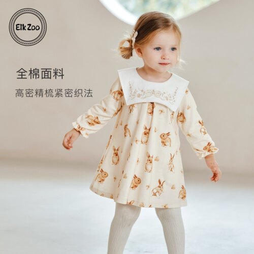 Elk Zoo女童连衣裙秋款纯棉巨可爱长袖公主裙女宝宝舒适洋气裙子