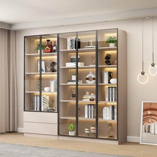 书柜带玻璃门家用客厅一体整墙现代轻奢定制储物柜酒柜书架展示柜