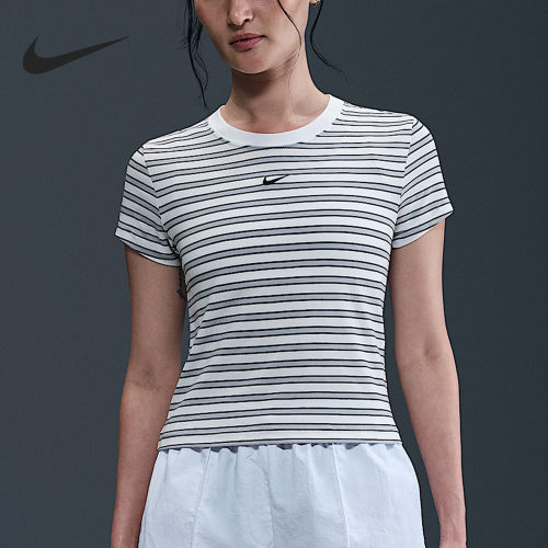 Nike/耐克正品2025女士运动条纹透气针织修身短袖HF9525-100
