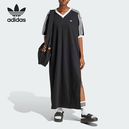 Adidas/阿迪达斯正品三叶草女士侧开衩运动V领连衣裙JX9219