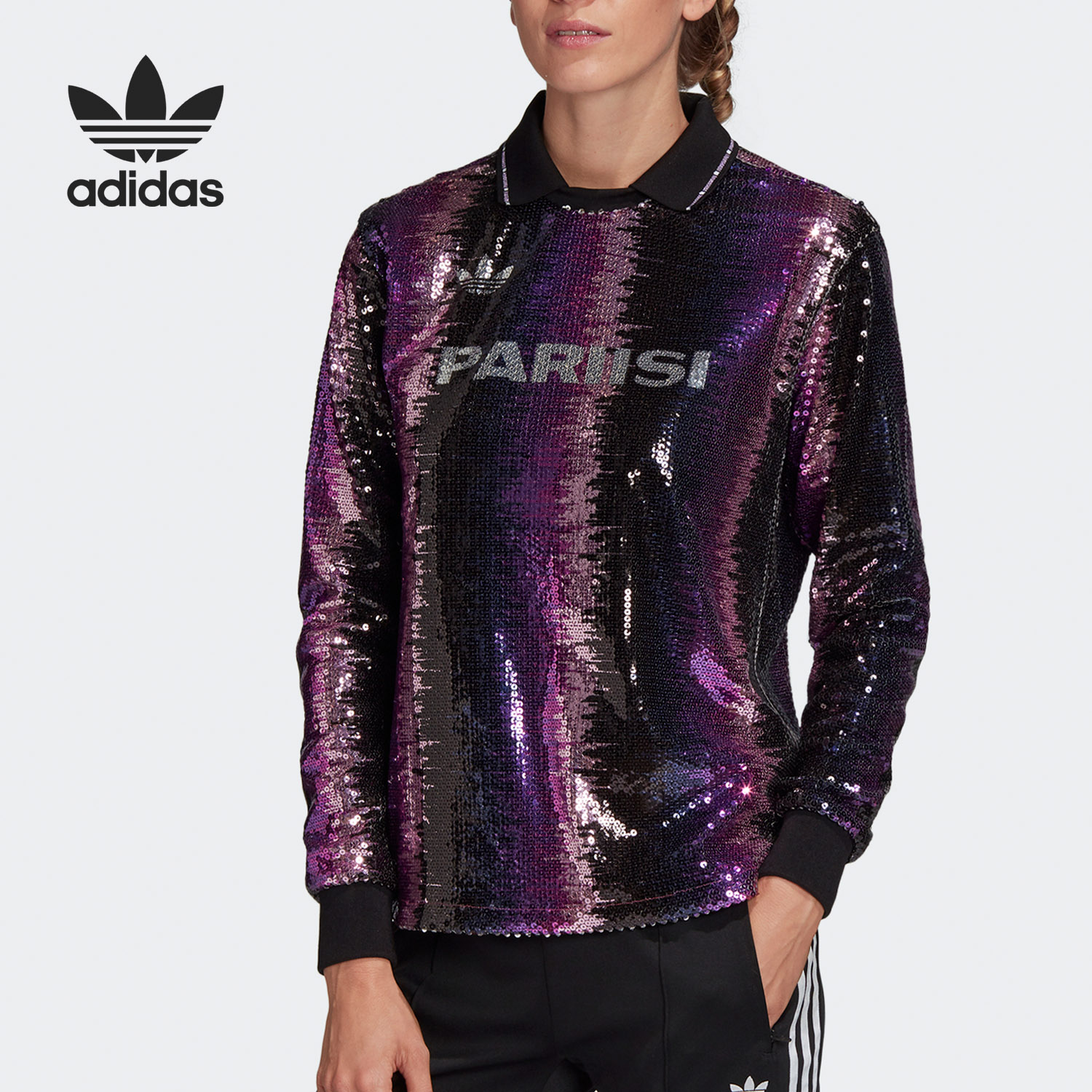 Adidas/阿迪达斯正品三叶草当季新款女子亮片POLO领T恤FN2802