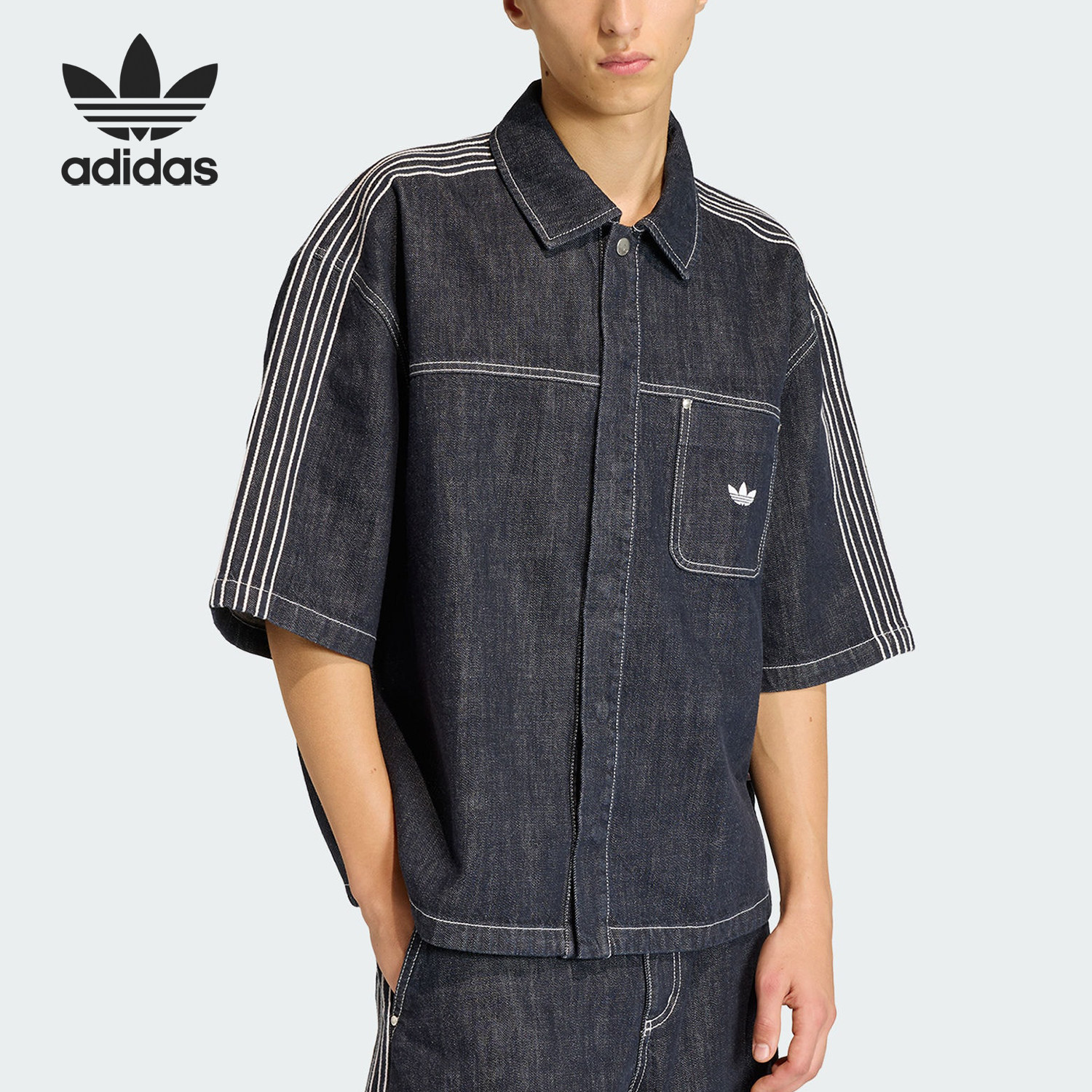 Adidas/阿迪达斯正品三叶草男士宽松时尚牛仔衬衫T恤KG6448 - 实物图