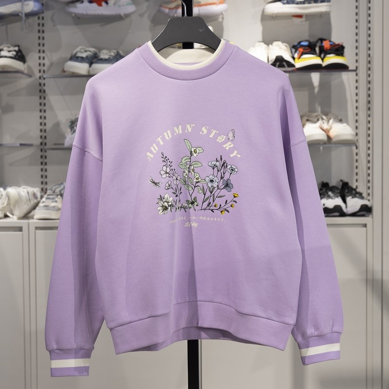 李宁正品运动潮流系列女子时尚印花宽松圆领休闲卫衣AWDS918-5