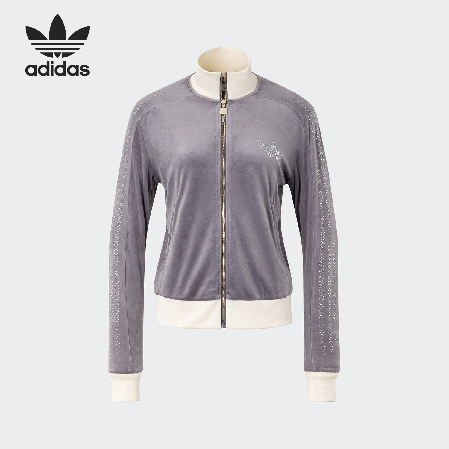 Adidas/阿迪达斯正品三叶草女士立领天鹅绒烫钻外套JY0214
