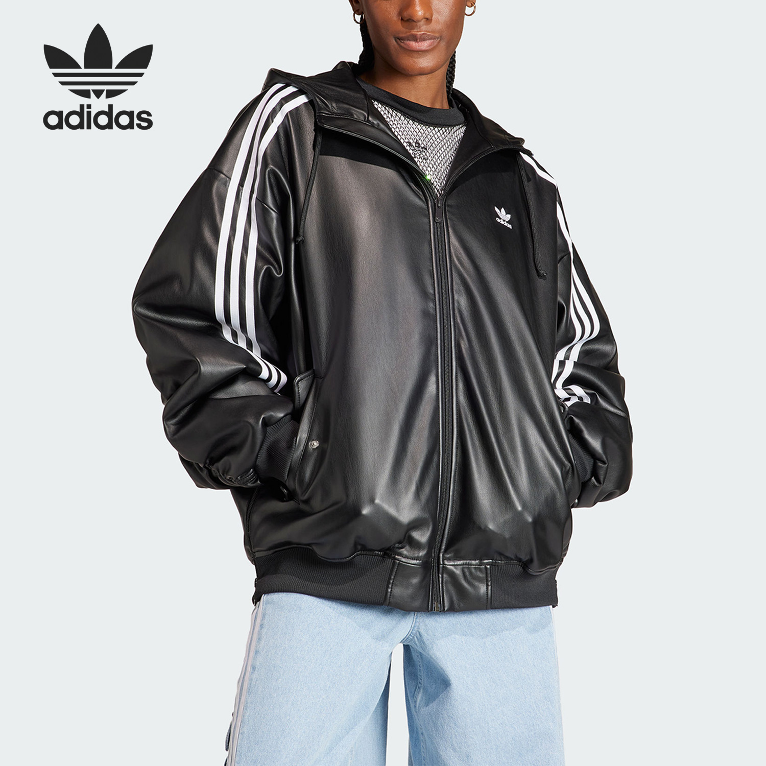 Adidas/阿迪达斯正品三叶草女士运动连帽仿皮夹克外套IV9328
