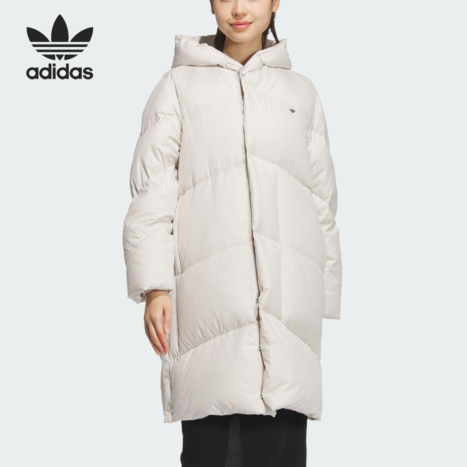 Adidas/阿迪达斯正品三叶草女士长款保暖连帽鹅绒服JD3785