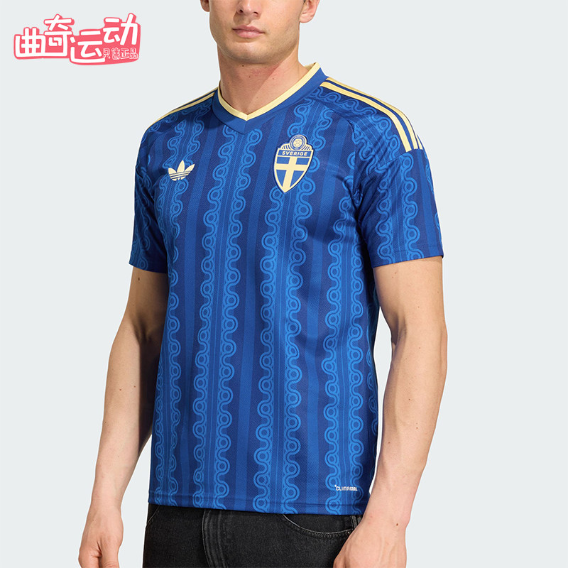 Adidas/阿迪达斯正品新款男蓝黄色足球V领足球经典短袖球衣JM5810