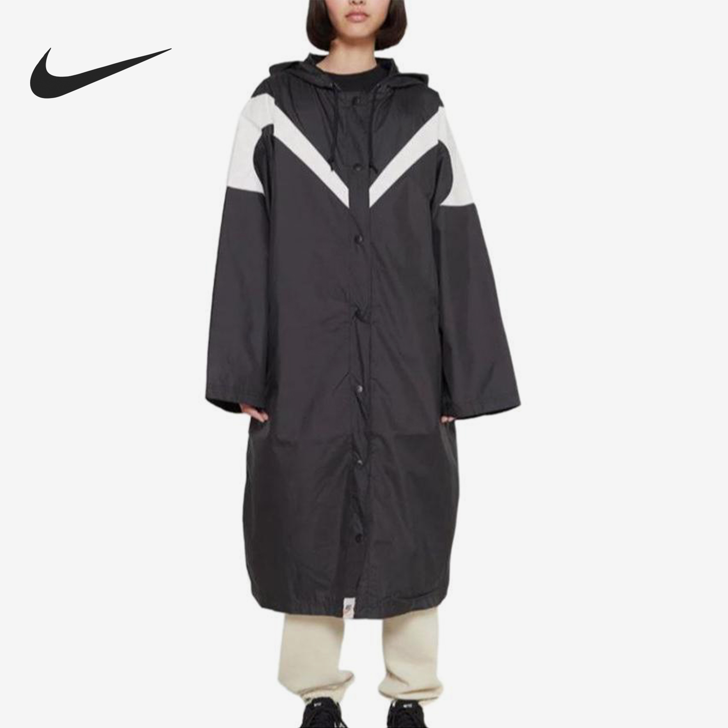 Nike/耐克正品春秋女士梭织拼接连帽户外长款大衣DX9873-010