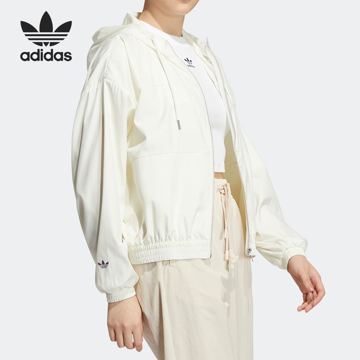 Adidas/阿迪达斯正品三叶草女士梭织防风运动连帽外套HS1933