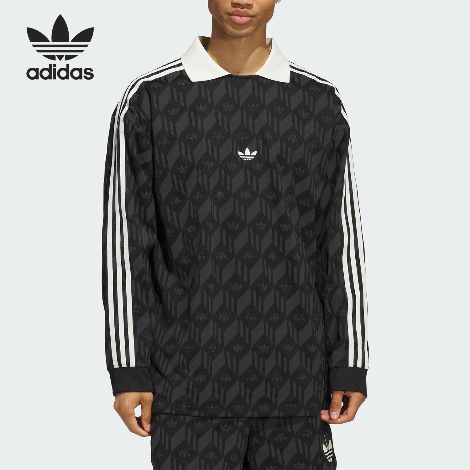 Adidas/阿迪达斯正品三叶草男女印花复古翻领长袖T恤JD5196