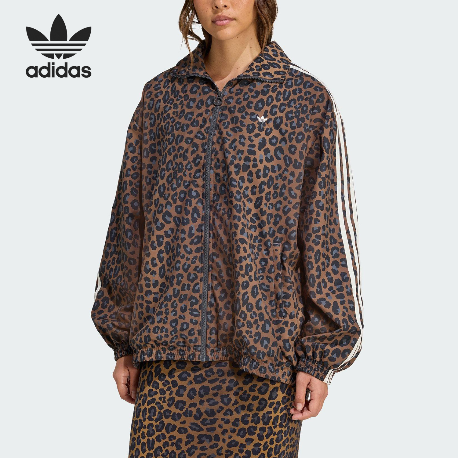 Adidas/阿迪达斯正品三叶草女士宽松时尚猎豹印花外套JW7301