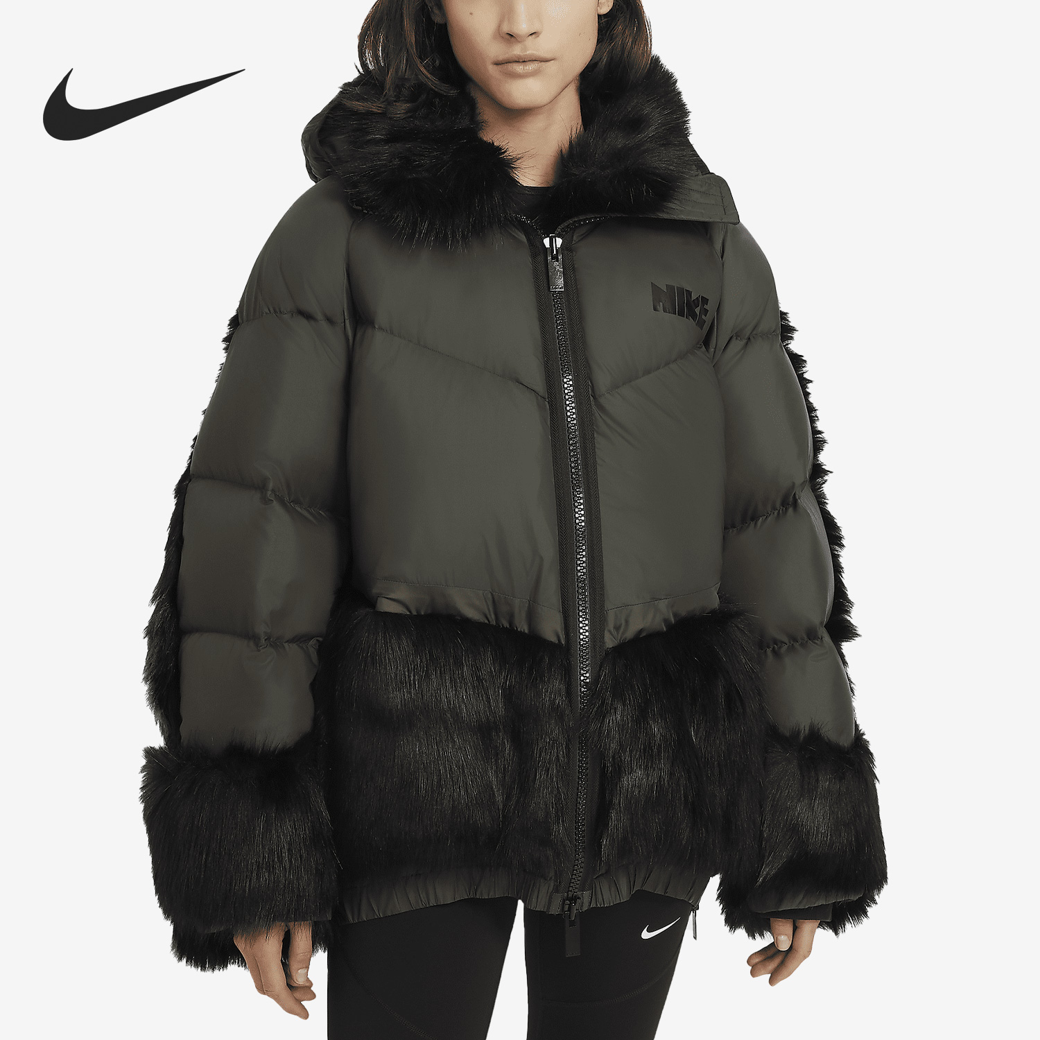 Nike/耐克正品新款女子仿皮草拼接连帽羽绒服CT3267-355