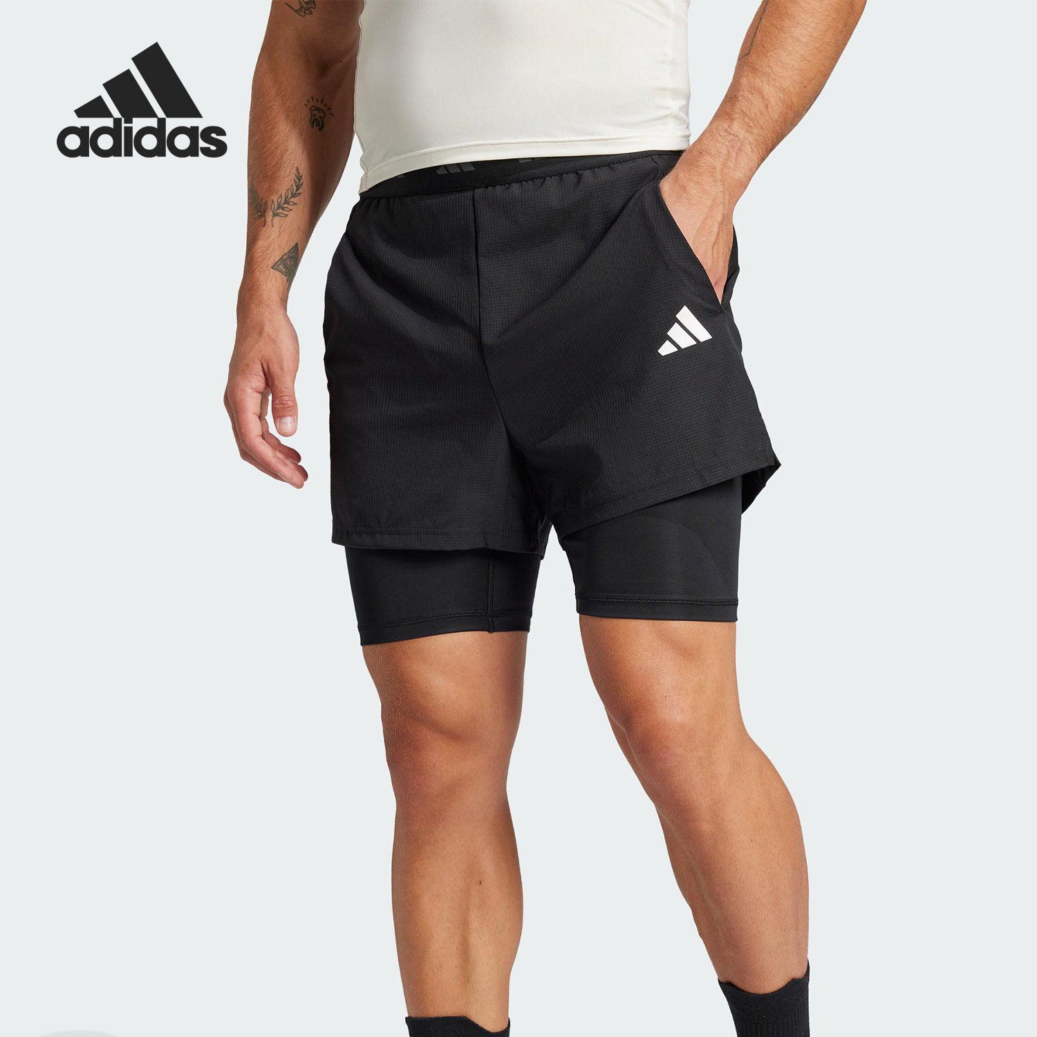 Adidas/阿迪达斯正品2025男士透气二合一跑步运动短裤JE5665