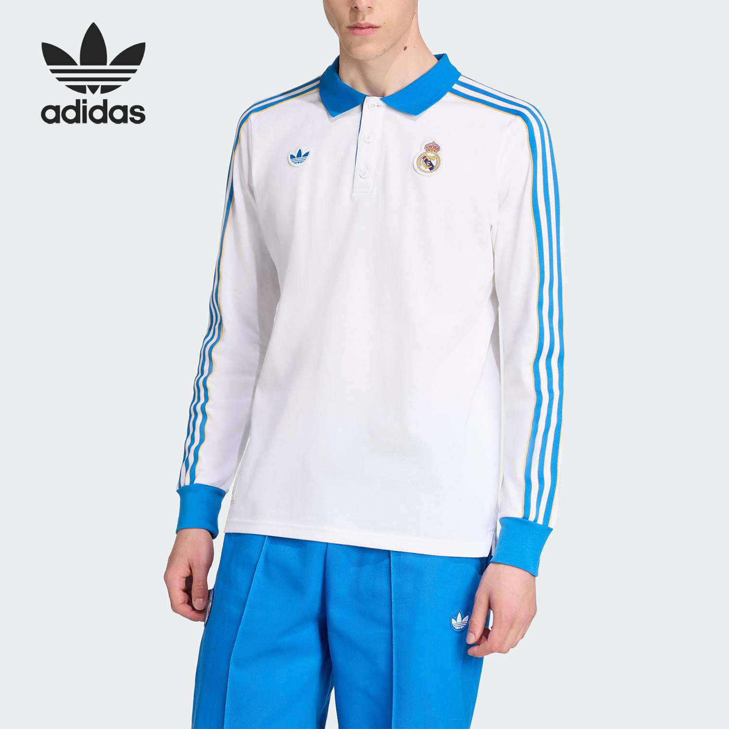 Adidas/阿迪达斯正品三叶草男士足球翻领三条纹长袖JN3065