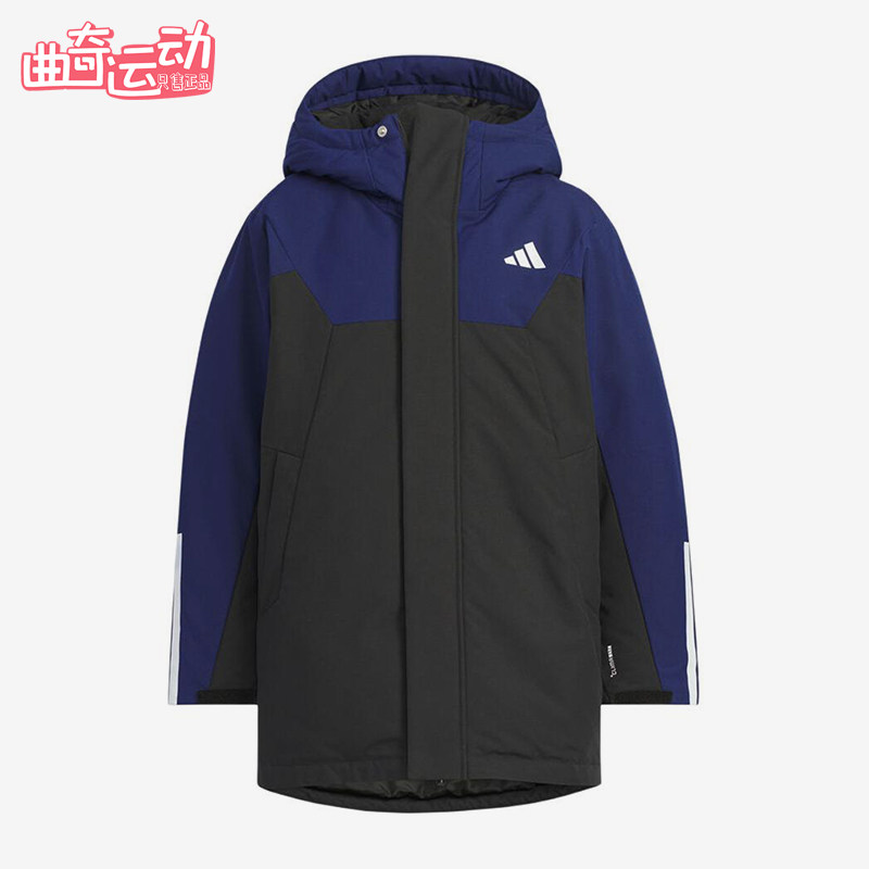 Adidas/阿迪达斯正品152新款儿童蓝黑色保暖经典连帽棉服KC5408