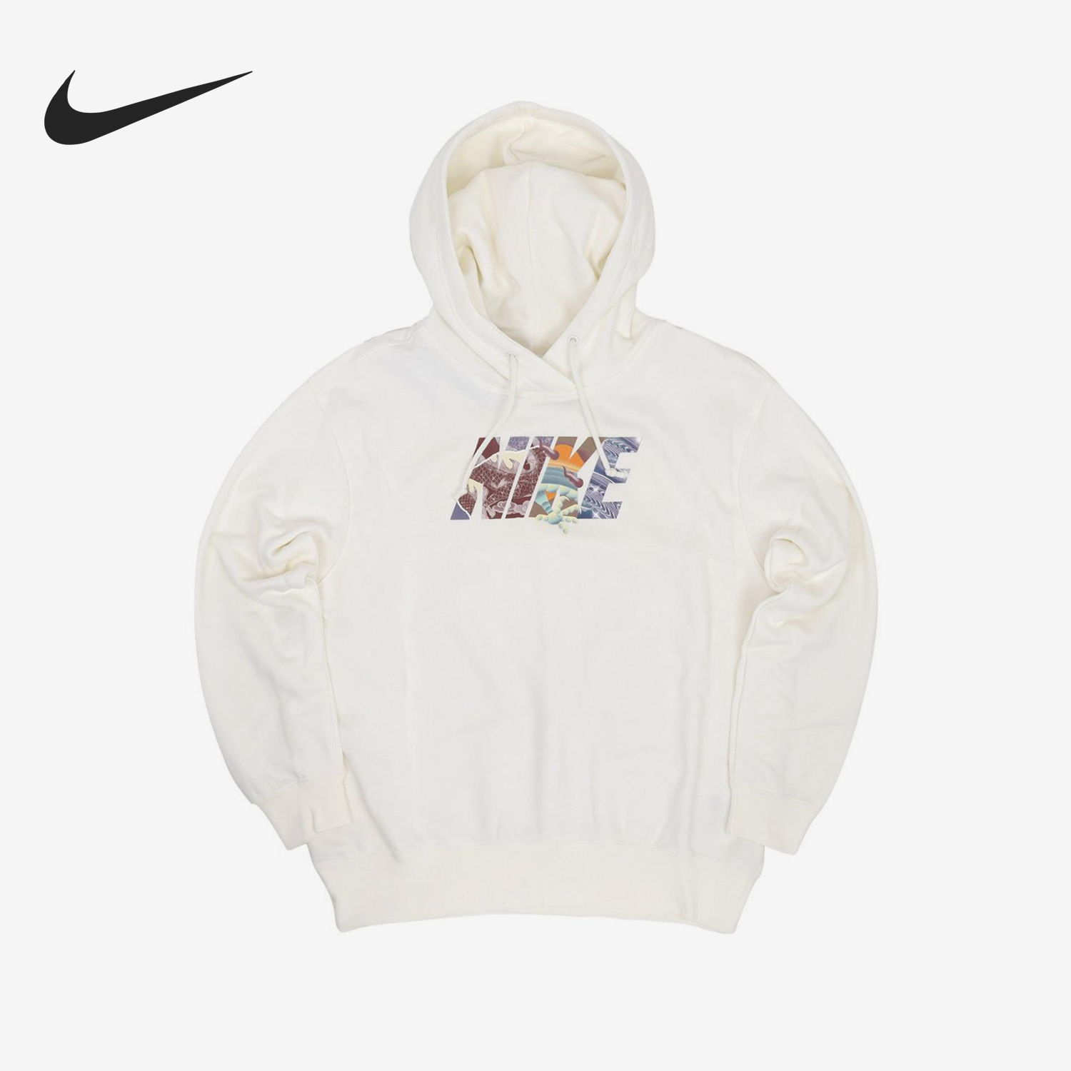 Nike/耐克正品春秋女士薄绒连帽宽松运动印花卫衣HF1128-100