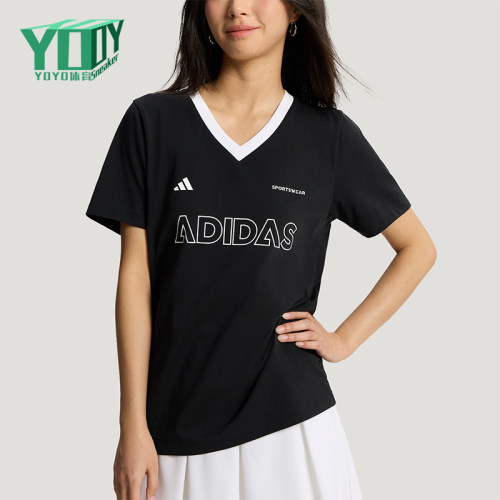 Adidas/阿迪达斯正品夏季女士亲肤日常休闲印花V领短袖T恤KX6800