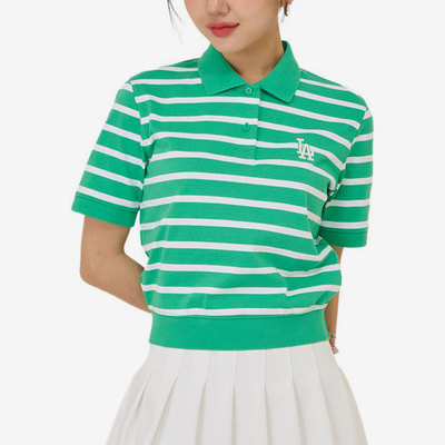 MLB正品夏季女士时尚复古翻领条纹休闲短袖POLO衫3FPQV0143-07YGS