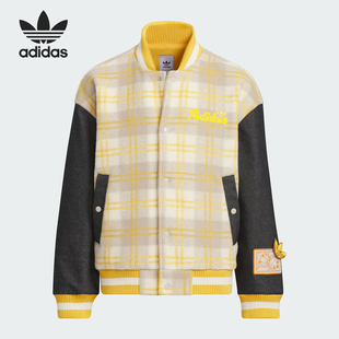 Adidas 三叶草大童拼接格纹宽松立领外套JC6818 阿迪达斯正品