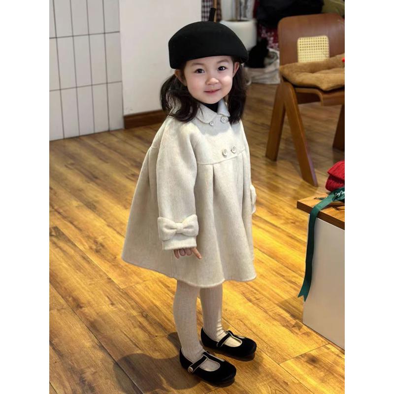 韩版女童2025秋冬新款米白色双排扣呢子大衣女宝宝廓形中长款外套