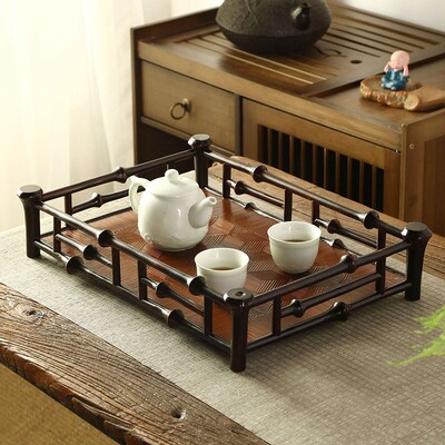 筇竹回纹席面茶托盘干炮台家居两用茶H台大漆茶盘茶具收纳盘茶杯