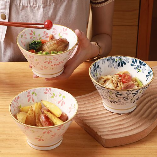 日式四季繁花5英寸斗笠碗米饭碗x家用陶瓷4个装2022新款釉下彩防