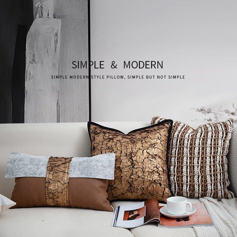 皮革拼接抱枕法式k轻奢烫金肌理沙发抱枕复古棕咖样板间客厅靠垫,居家布艺,抱枕被,淘宝优惠券,粉丝福利购,淘宝优惠卷