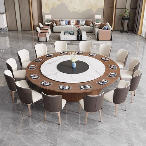 酒店实木餐桌电g动大圆桌16人带岩板自动转盘饭店包厢圆形2.8m商