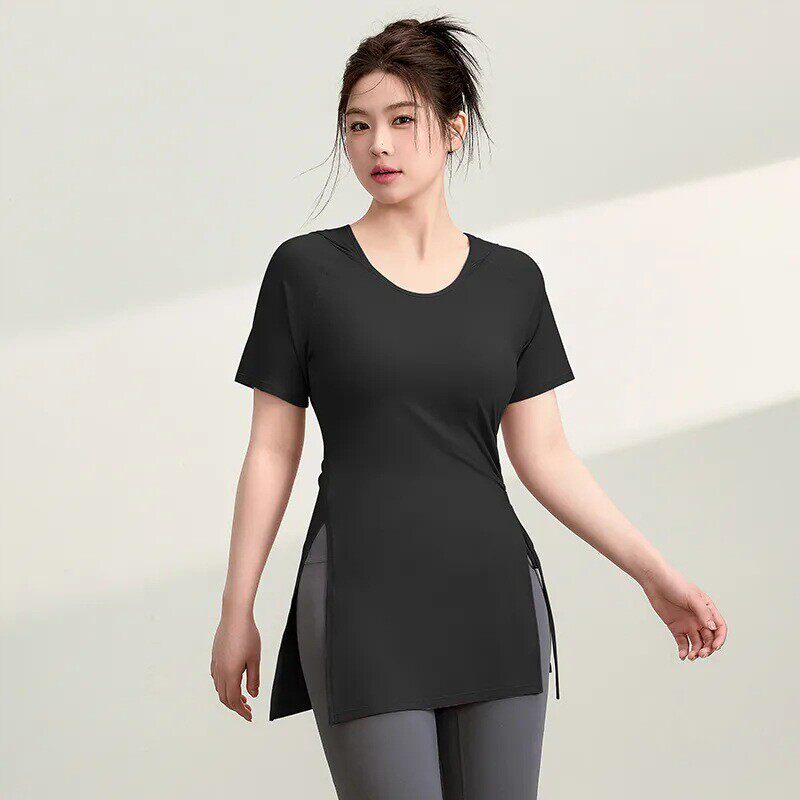 夏季中长款运动健身跑步瑜伽服遮臀显瘦速干大码胖mm普拉提上衣女